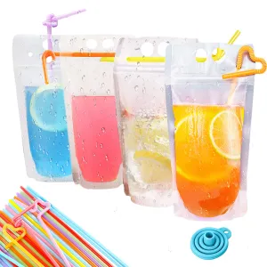 150 Pcs Zipper Plastic Pouches Drink Bags,Juice Pouches Heavy Duty Hand-Held Translucent Reclosable Stand-up Bag with 150 pcs Individual Package Straws & Funnel Included