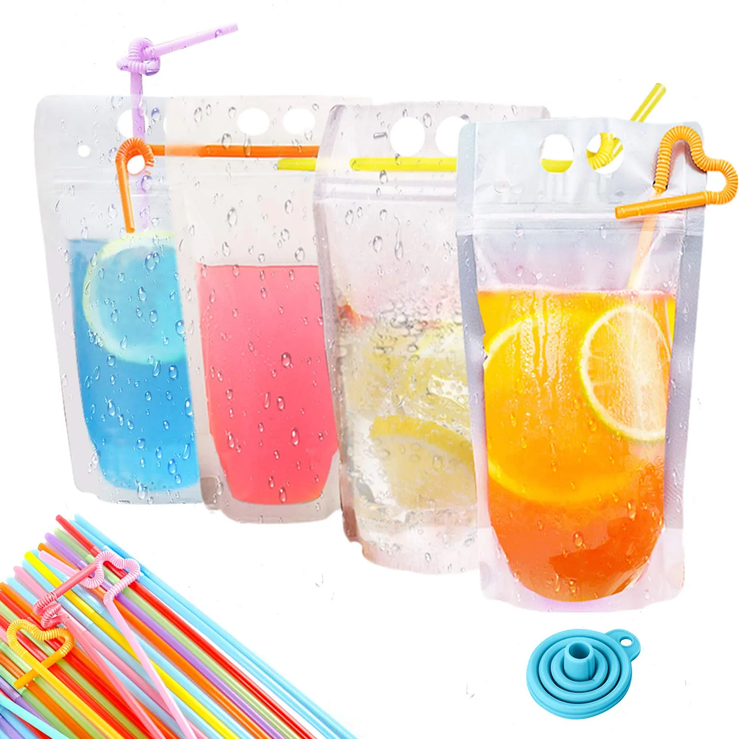 150 Pcs Zipper Plastic Pouches Drink Bags,Juice Pouches Heavy Duty Hand-Held Translucent Reclosable Stand-up Bag with 150 pcs Individual Package Straws & Funnel Included