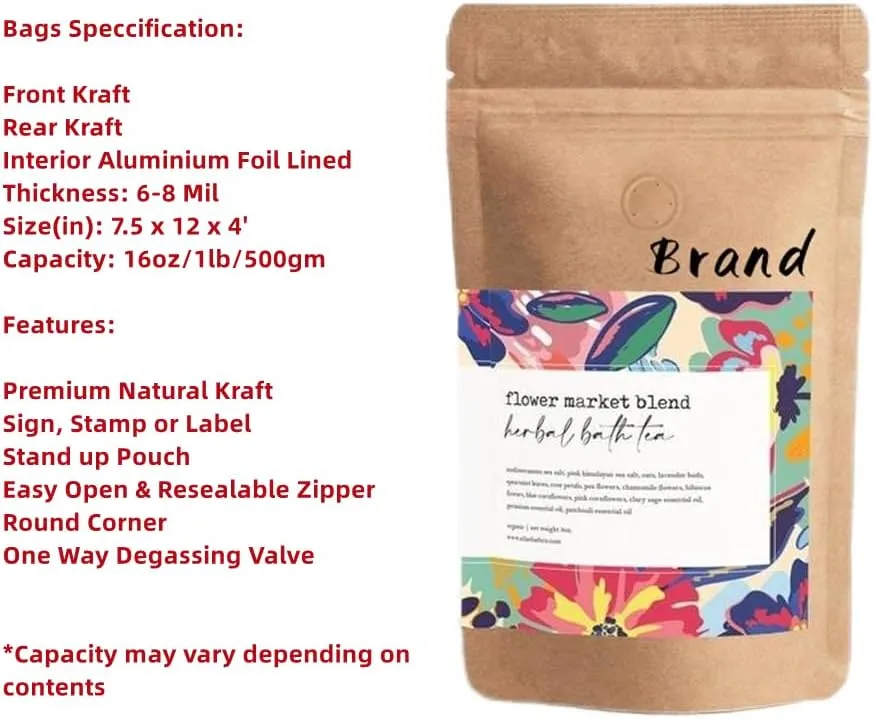 16 Ounce 100 Pieces Coffee Bags with Ziplock - High Barrier Natural Kraft Paper Stand up Coffee Pouches with Air Release/One Way Degassing Valve & Reusable Zipper (100, 16oz/1lb/500gm)