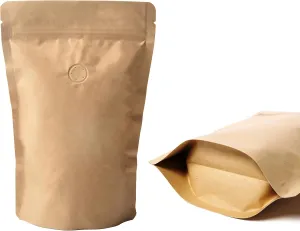 16 Ounce 100 Pieces Coffee Bags with Ziplock - High Barrier Natural Kraft Paper Stand up Coffee Pouches with Air Release/One Way Degassing Valve & Reusable Zipper (100, 16oz/1lb/500gm)