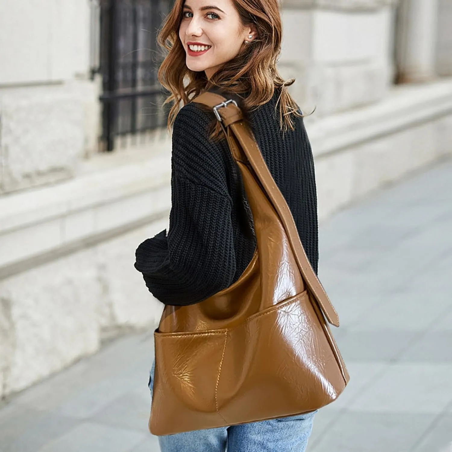 2 pcs Leather Tote Bag for Women Slouchy Hobo Bags Vegan Leather Hobo Purse Shoulder Handbag Large Crossbody Bags
