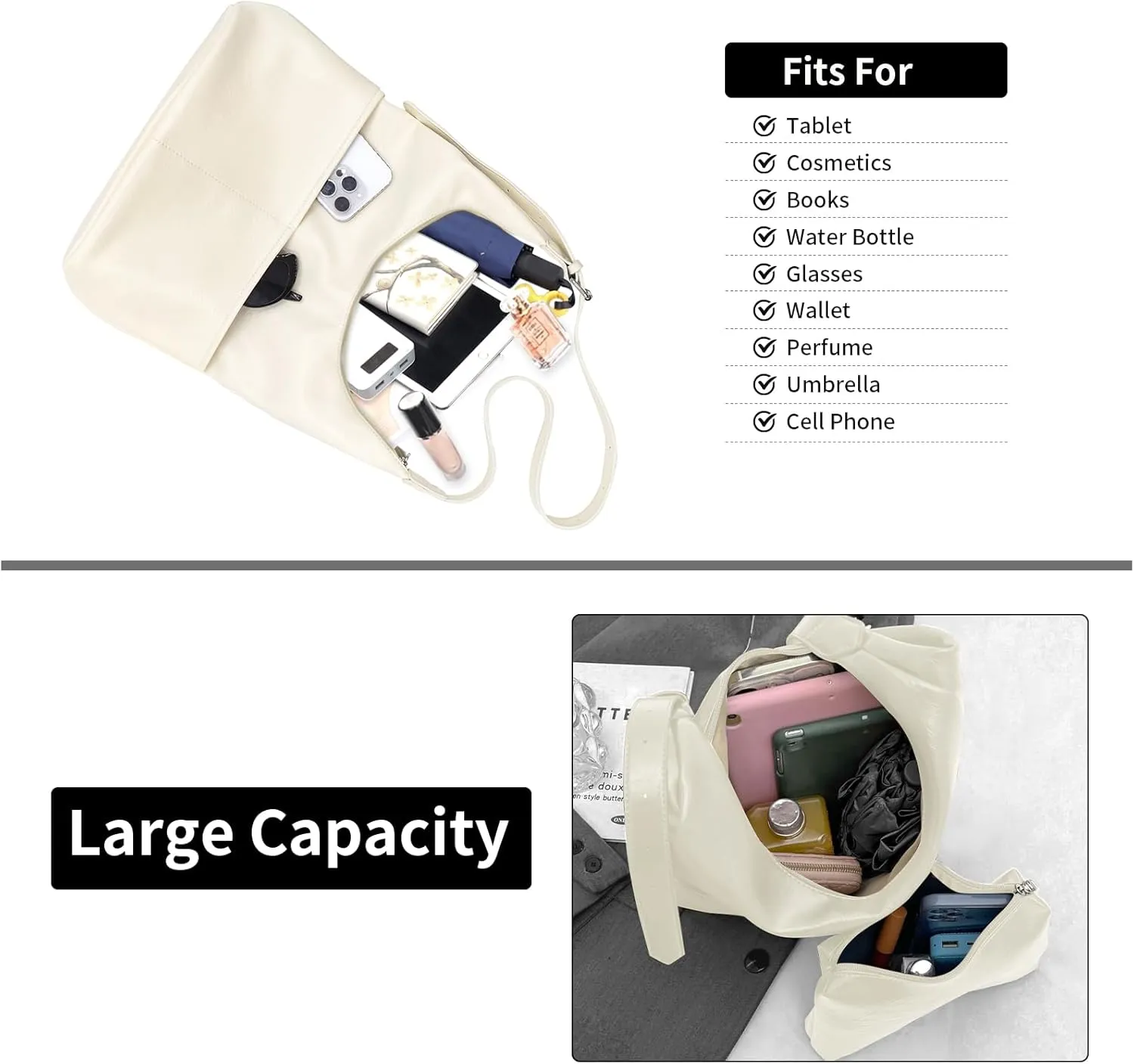 2 pcs Leather Tote Bag for Women Slouchy Hobo Bags Vegan Leather Hobo Purse Shoulder Handbag Large Crossbody Bags