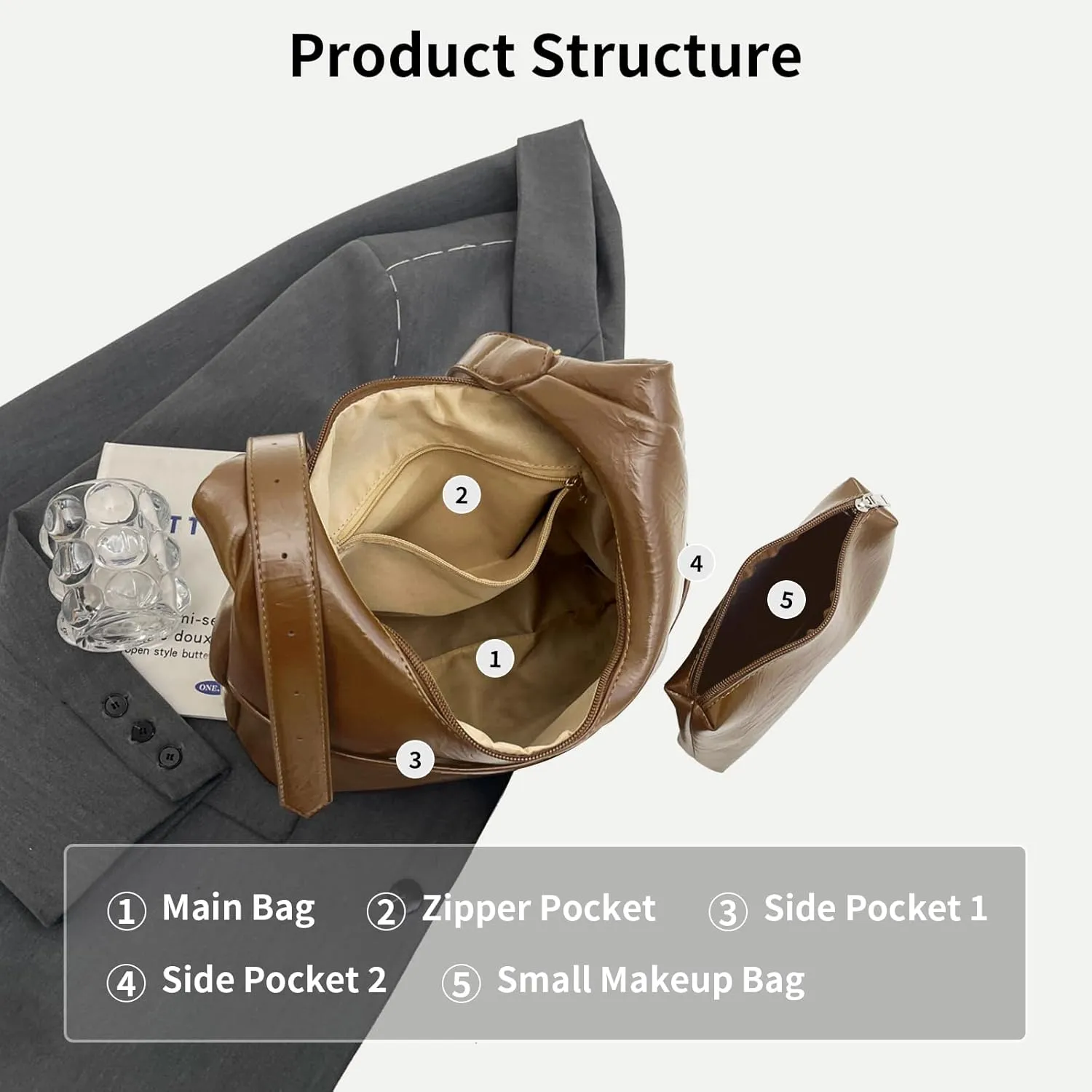 2 pcs Leather Tote Bag for Women Slouchy Hobo Bags Vegan Leather Hobo Purse Shoulder Handbag Large Crossbody Bags