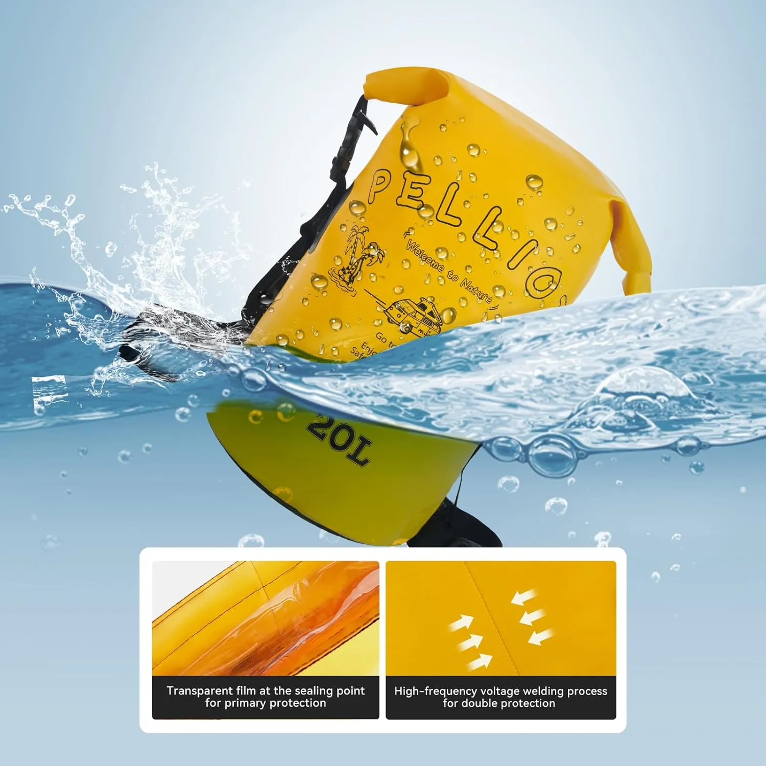 20L Dry Bag Backpack Waterproof Roll Top Lightweight Storage Backpack Bag Adjustable Portable Dry Sack for Kayaking Boating Camping & Hiking Yellow
