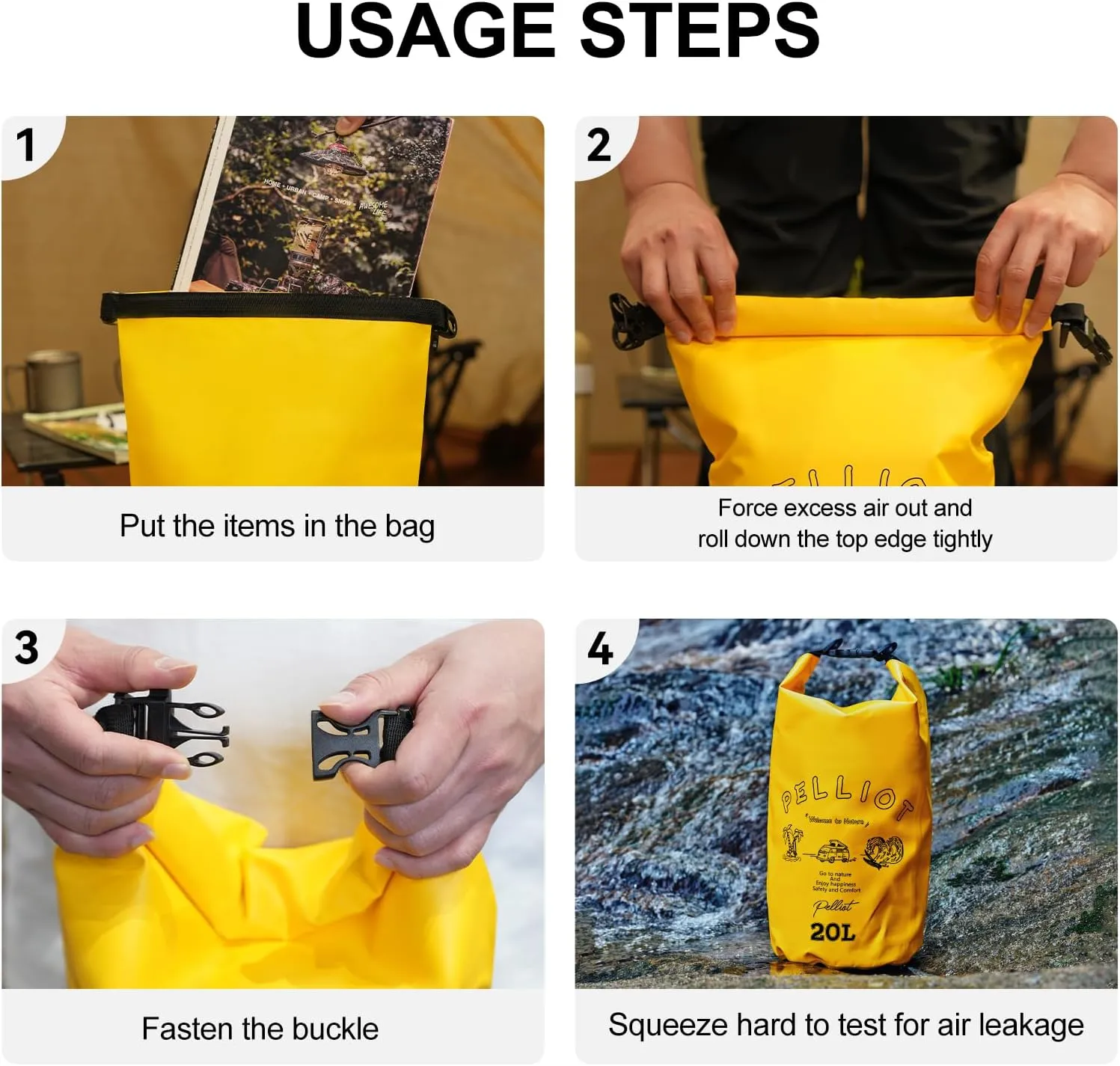20L Dry Bag Backpack Waterproof Roll Top Lightweight Storage Backpack Bag Adjustable Portable Dry Sack for Kayaking Boating Camping & Hiking Yellow