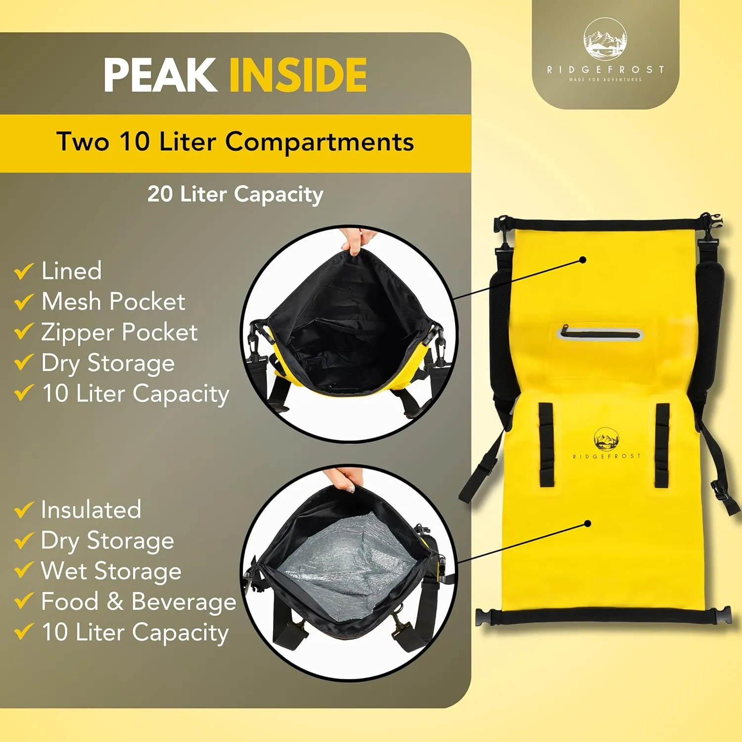 20L Dry Bag | Waterproof Backpack w/2 Compartments | Yellow Dry Bag for Kayaking, Surfing, Skiing, Hiking, Camping, Beach, & More | Lightweight Roll-Top & Roll-Bottom For Men/Women