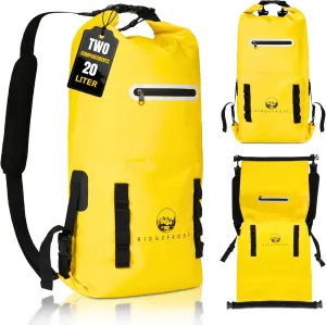 20L Dry Bag | Waterproof Backpack w/2 Compartments | Yellow Dry Bag for Kayaking, Surfing, Skiing, Hiking, Camping, Beach, & More | Lightweight Roll-Top & Roll-Bottom For Men/Women