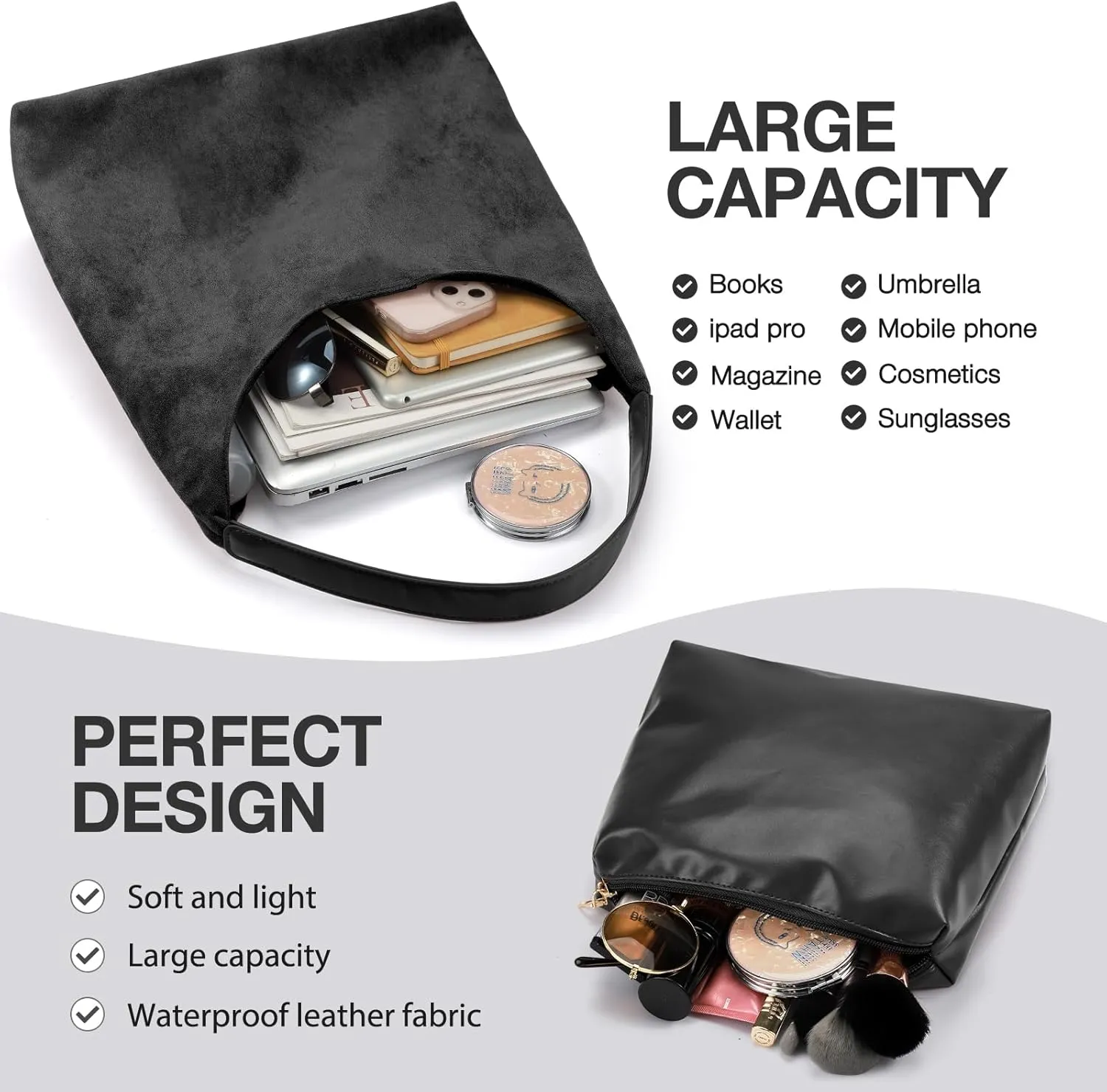 2PCS Suede Bag and Leather Purse Hobo Bags for Women Shoulder Bag Slouchy Bag Suede Tote Bag for Women Vegan