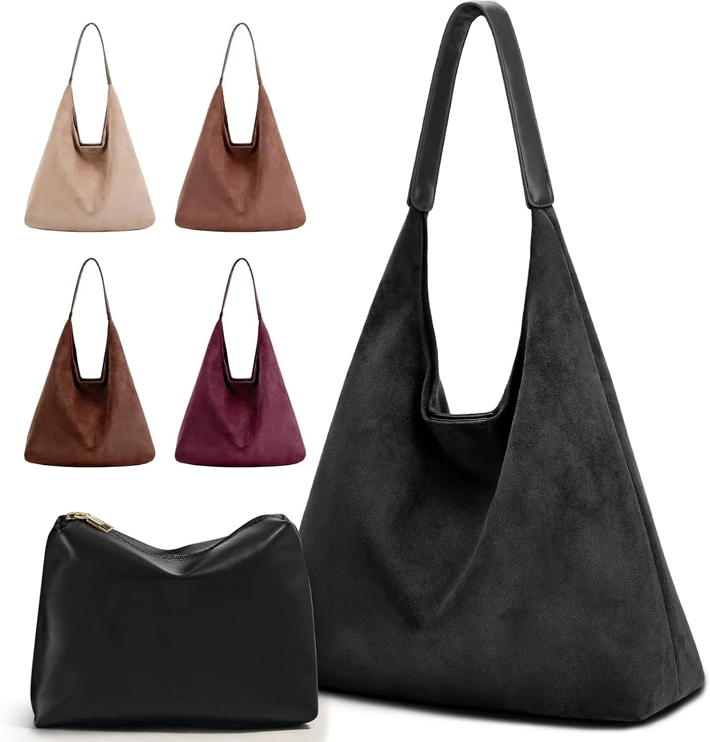 2PCS Suede Bag and Leather Purse Hobo Bags for Women Shoulder Bag Slouchy Bag Suede Tote Bag for Women Vegan