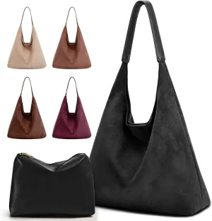 2PCS Suede Bag and Leather Purse Hobo Bags for Women Shoulder Bag Slouchy Bag Suede Tote Bag for Women Vegan