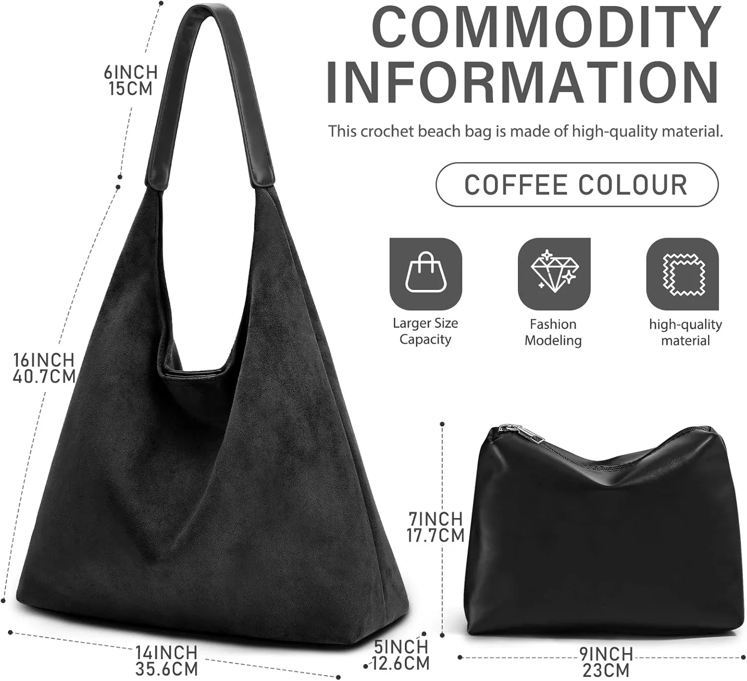 2PCS Suede Bag and Leather Purse Hobo Bags for Women Shoulder Bag Slouchy Bag Suede Tote Bag for Women Vegan