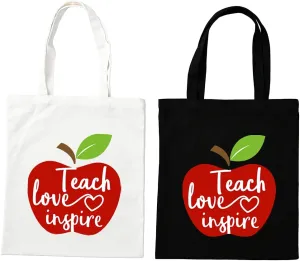 2PCS Teach Love Inspire Apple Cotton Canvas Tote Bag,Shoulder Bag,Women Tote Reusable Grocery Shopping Bags Suit for Gift