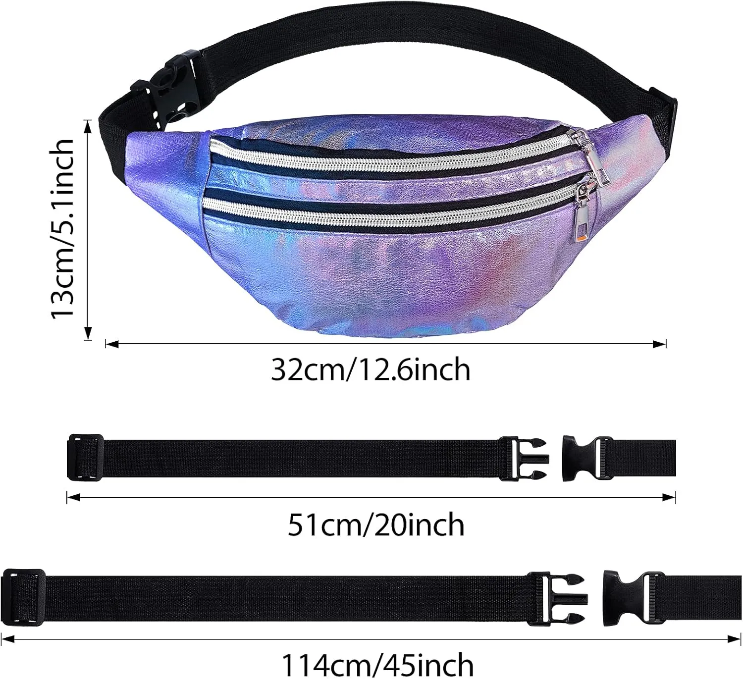 3 Pieces Holographic Fanny Pack for Women Men Kids, Metallic Color Sport Waistbag with Pouches and Adjustable Belt, Hologram PU Waist Pack for Traveling, Running, Partying (Blue, Pink, Purple)