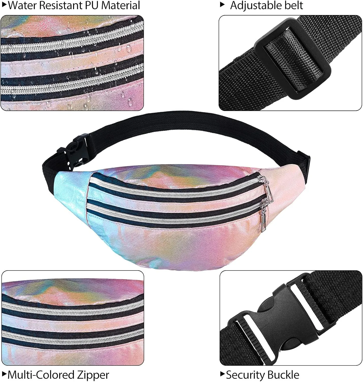 3 Pieces Holographic Fanny Pack for Women Men Kids, Metallic Color Sport Waistbag with Pouches and Adjustable Belt, Hologram PU Waist Pack for Traveling, Running, Partying (Blue, Pink, Purple)