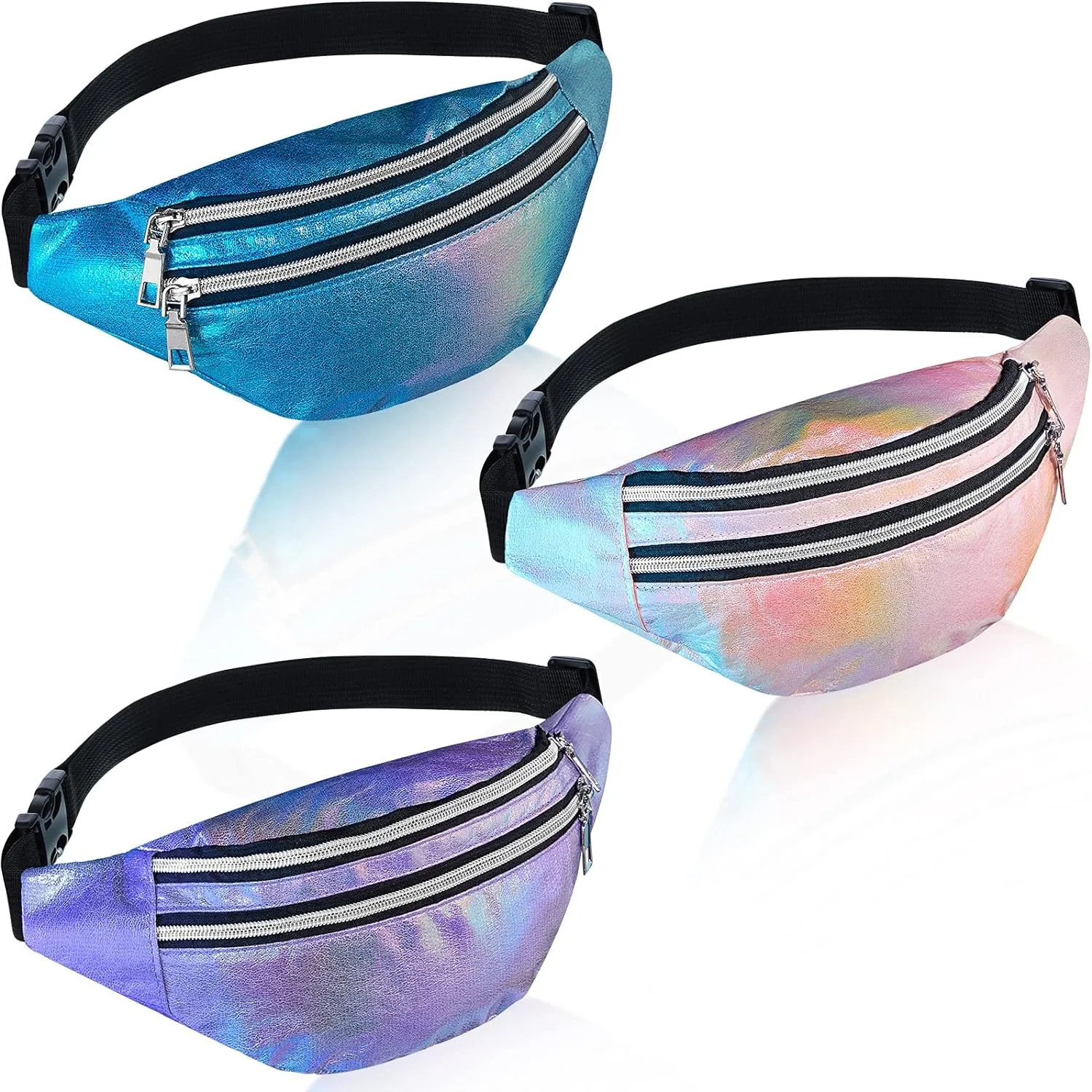 3 Pieces Holographic Fanny Pack for Women Men Kids, Metallic Color Sport Waistbag with Pouches and Adjustable Belt, Hologram PU Waist Pack for Traveling, Running, Partying (Blue, Pink, Purple)