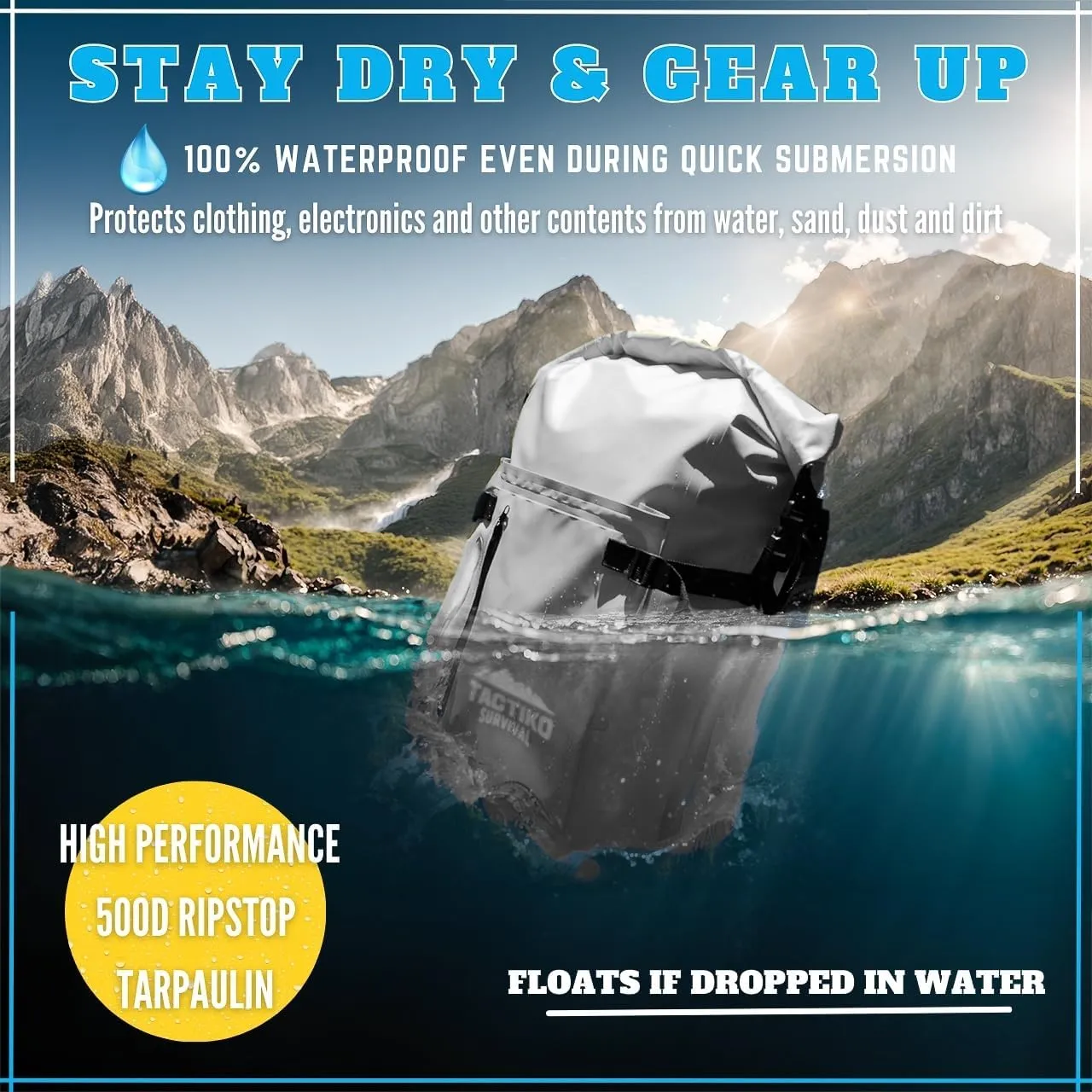 30L Heavy-Duty 100% Waterproof Backpack - Equipment Pocket, Carabiner - Roll Top Floating Dry Bags (Gray)
