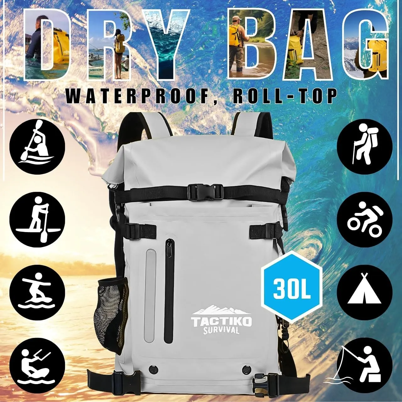 30L Heavy-Duty 100% Waterproof Backpack - Equipment Pocket, Carabiner - Roll Top Floating Dry Bags (Gray)