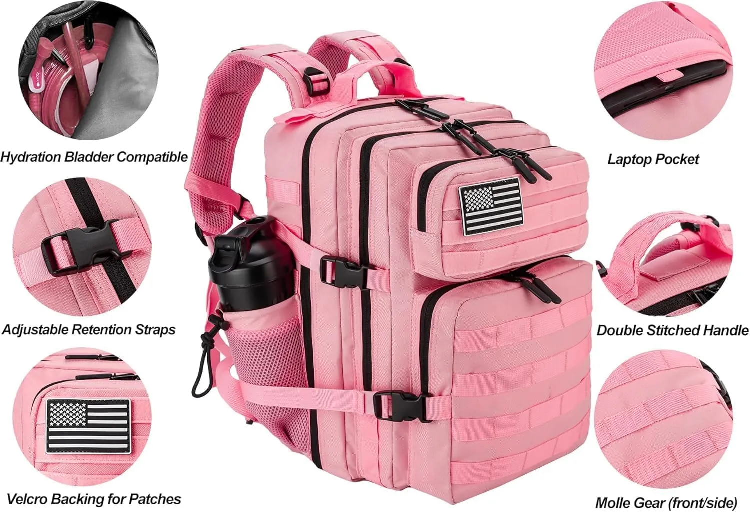 35L Hiking Tactical Backpack for Women Training Gym Fitness Bag Outdoor Camping Backpacks Travel Waterproof (Pink)