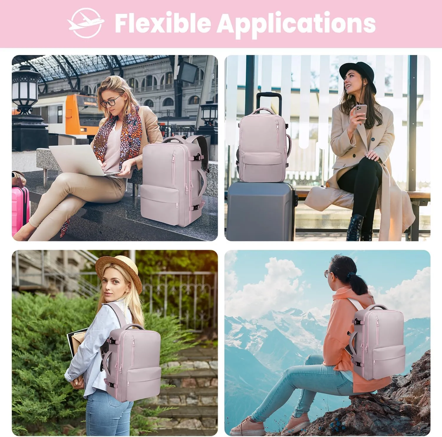 35L Travel Backpack | 180° All-Open Design | Multi-Pockets | Airline Approved Carry on |15.6 inch Laptop Compartment |USB Port |Perfect for Travel Business College Bookbags|Men Women,Dark Pink