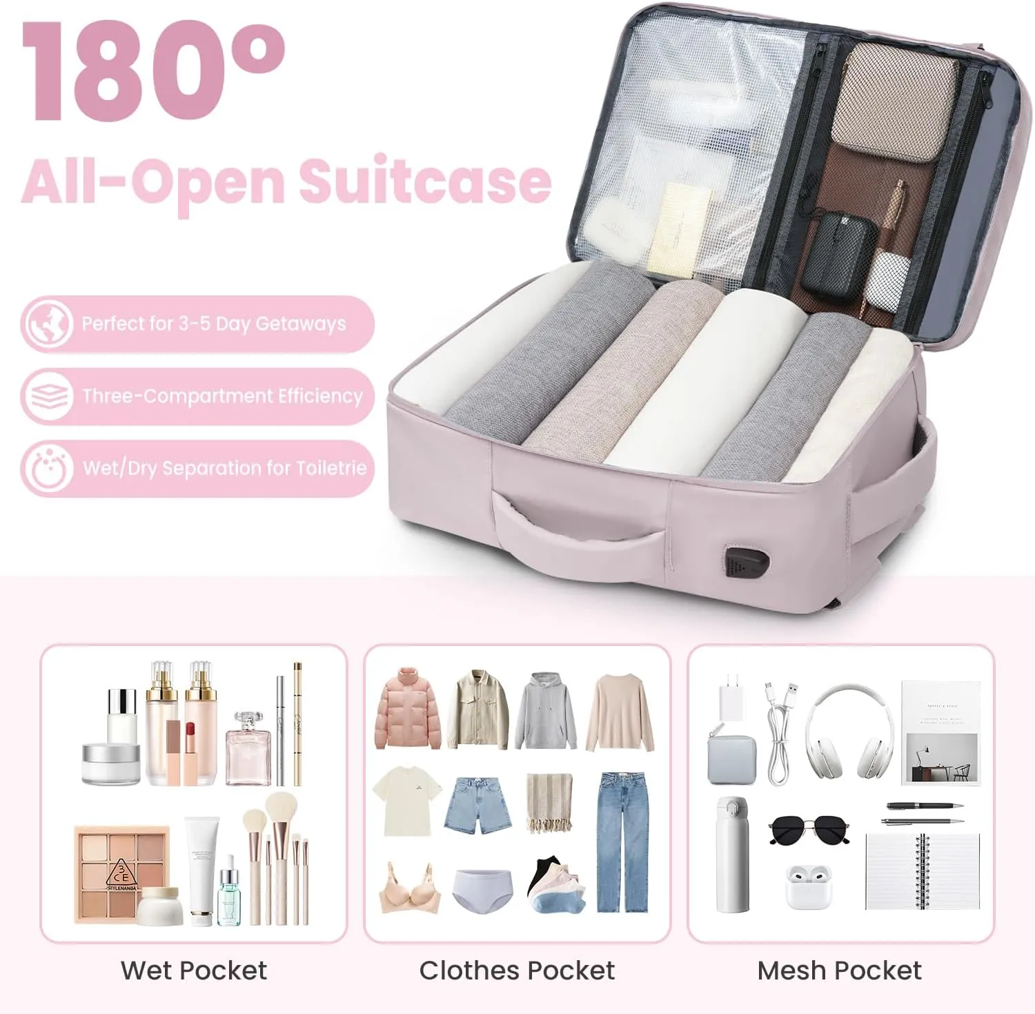 35L Travel Backpack | 180° All-Open Design | Multi-Pockets | Airline Approved Carry on |15.6 inch Laptop Compartment |USB Port |Perfect for Travel Business College Bookbags|Men Women,Dark Pink