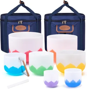 432Hz 6-12 Inch Set of 7 Lotus Quartz Crystal Singing Bowls with Gradient Colored Design, 2 Travel Carry Case Bags and Resonance Striker for Meditation and Sound Therapy