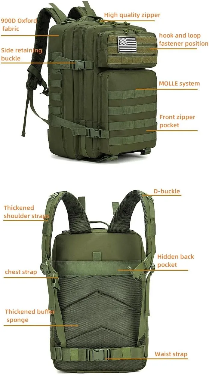 48L 3-day Tactical backpack heavy duty zipper，Hiking Camping Hunting Climbing backpack Nylon canvas Knapsack Outdoor backpack (army green)