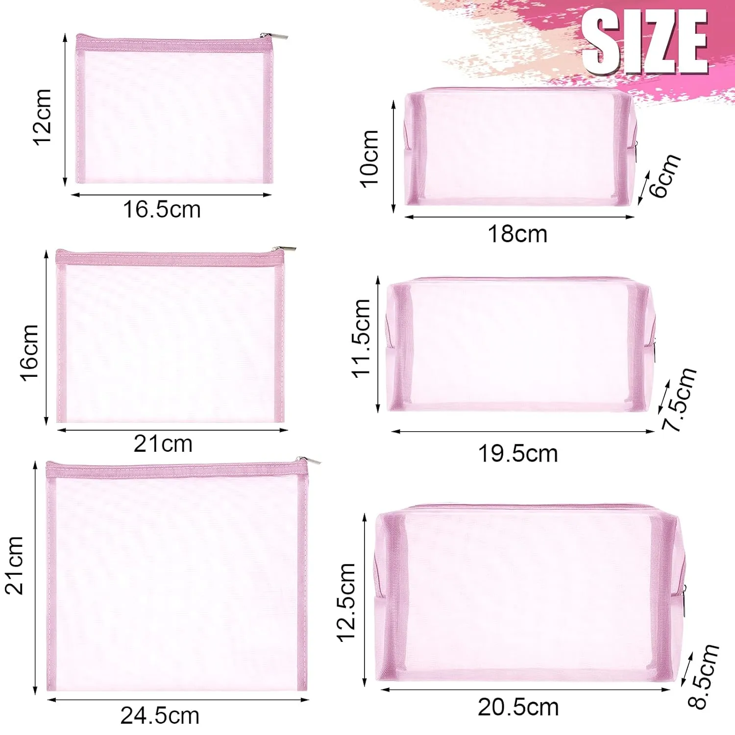 6 Pieces Mesh Makeup Bags Mesh Cosmetic Bag Portable Travel Organizing Zipper Pouch Toiletries Makeup Pouches for Home Office Travel Accessories (Light Pink)