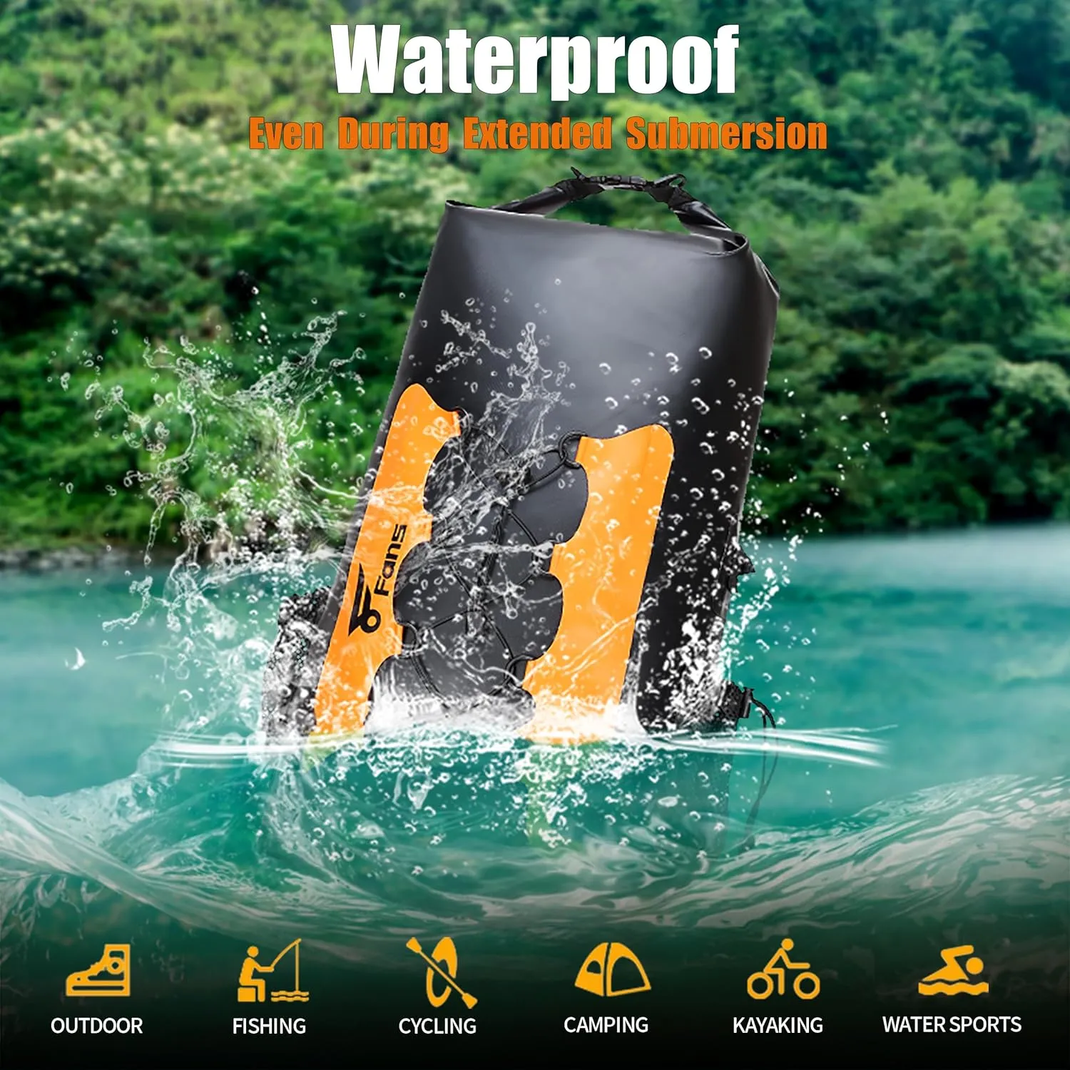 8 Fans Waterproof Backpack 30L,Floating Dry Bag with Phone Case,Roll Top Closure Waterproof Bag for Kayak Boating Sailing Canoeing Rafting Fishing Camping Orange