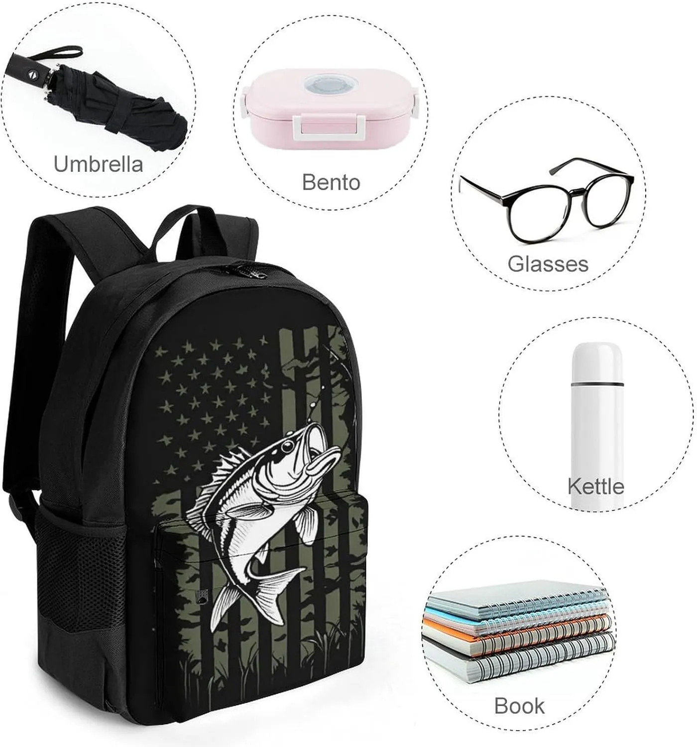 Adults Lightweight Bass Fishing Lure Camo Camouflage American Fl Shoulder Book Bags Big Capacity Shoulder Bag With Adjustable Shoulder Straps for Trekking Work Walking Cycling