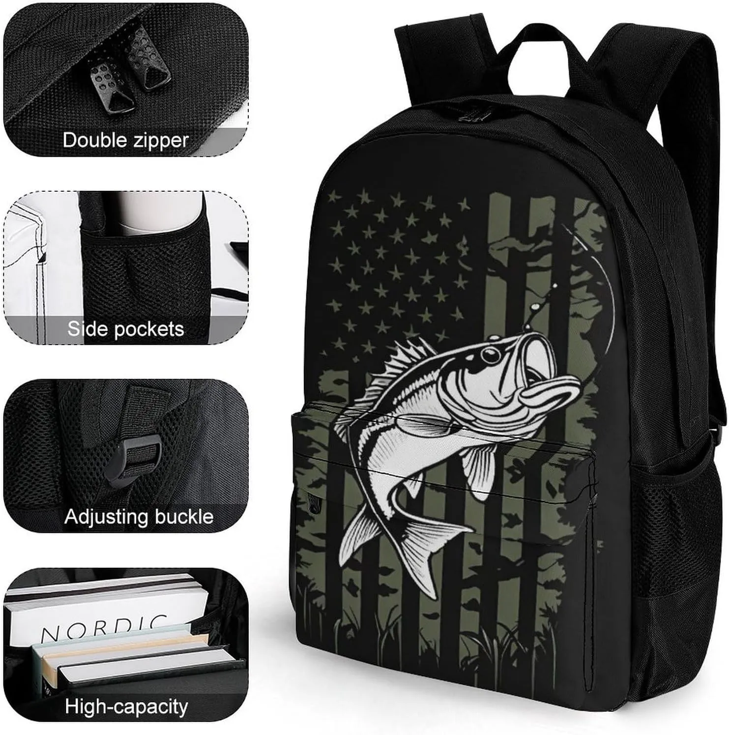 Adults Lightweight Bass Fishing Lure Camo Camouflage American Fl Shoulder Book Bags Big Capacity Shoulder Bag With Adjustable Shoulder Straps for Trekking Work Walking Cycling