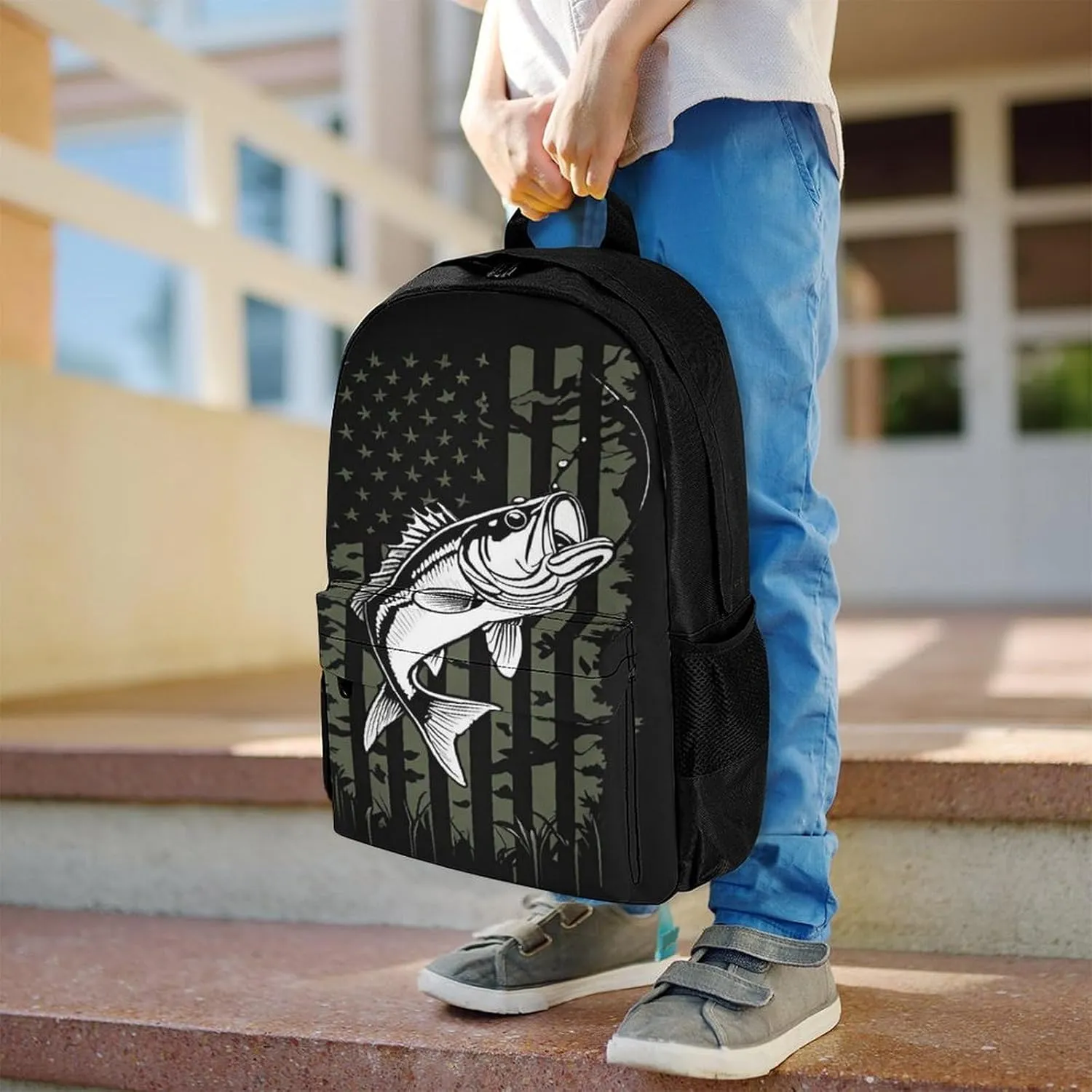 Adults Lightweight Bass Fishing Lure Camo Camouflage American Fl Shoulder Book Bags Big Capacity Shoulder Bag With Adjustable Shoulder Straps for Trekking Work Walking Cycling