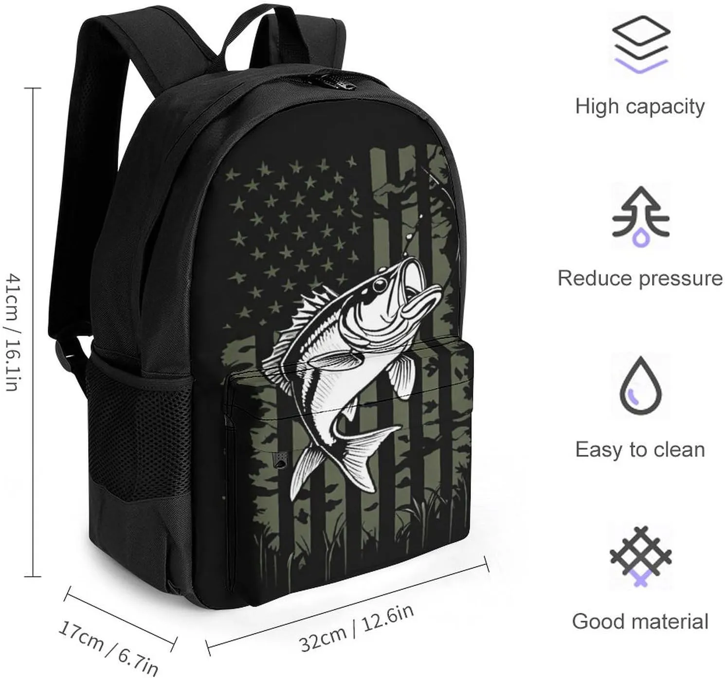 Adults Lightweight Bass Fishing Lure Camo Camouflage American Fl Shoulder Book Bags Big Capacity Shoulder Bag With Adjustable Shoulder Straps for Trekking Work Walking Cycling