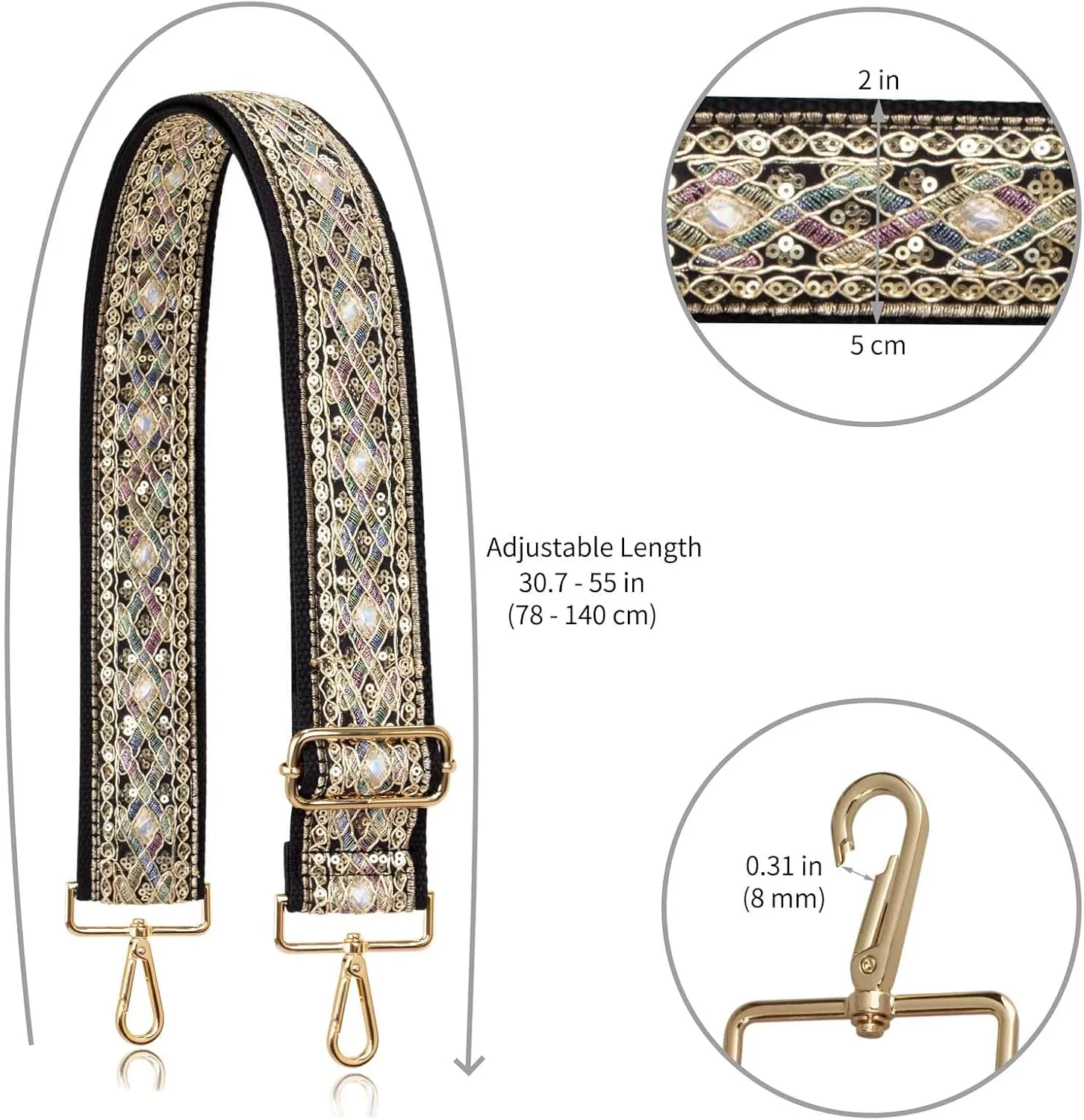 ALLZEDREAM Purse Strap Crossbody Replacement Handbag Shoulder Bag 2" Wide Adjustable Embroidered Lace Sequins