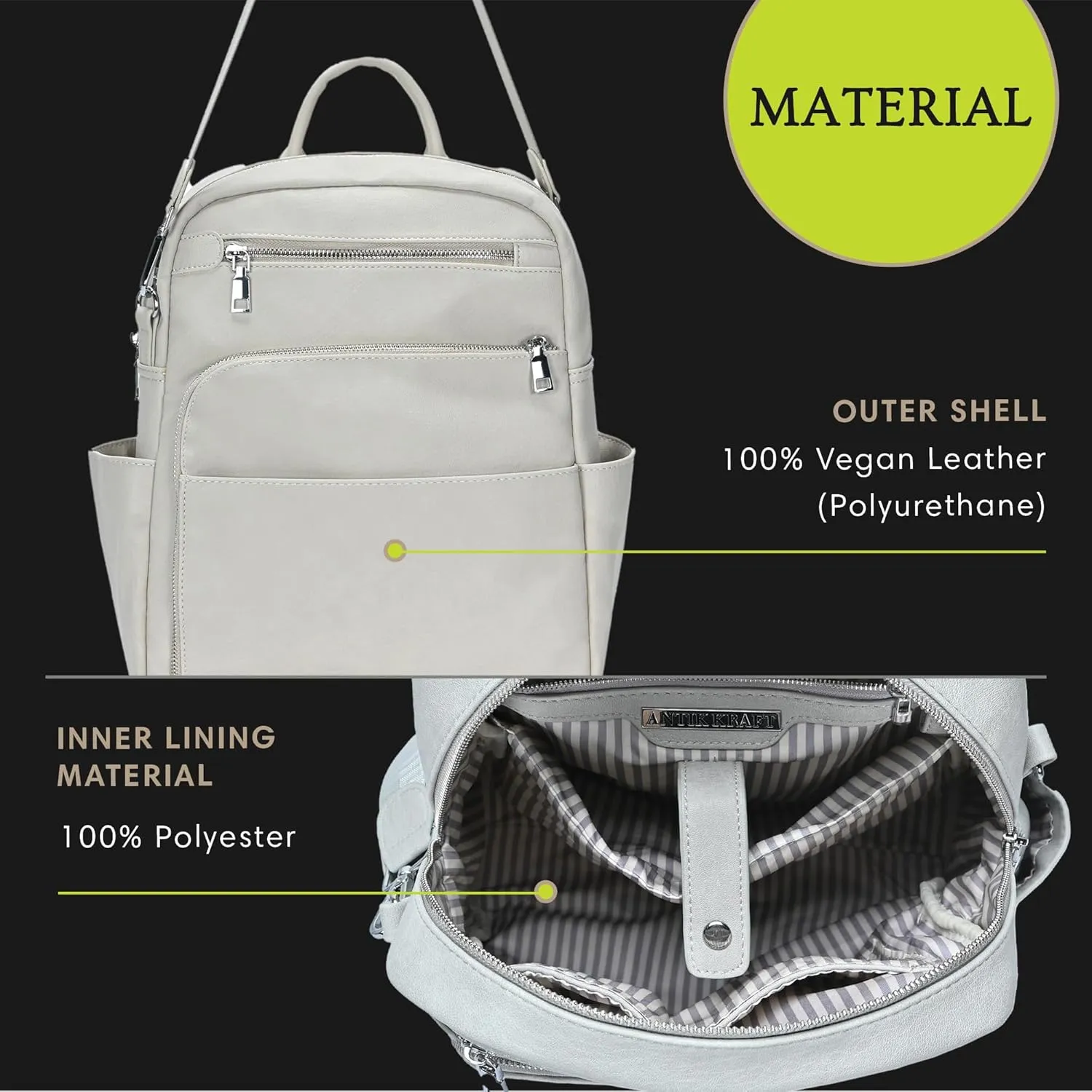 Antik Kraft Willa Vegan Leather Backpack (Bone) | Convertible Backpack Purse for Women | Vegan Leather Shoulder Bag | 13" L x 4" W x 14" H
