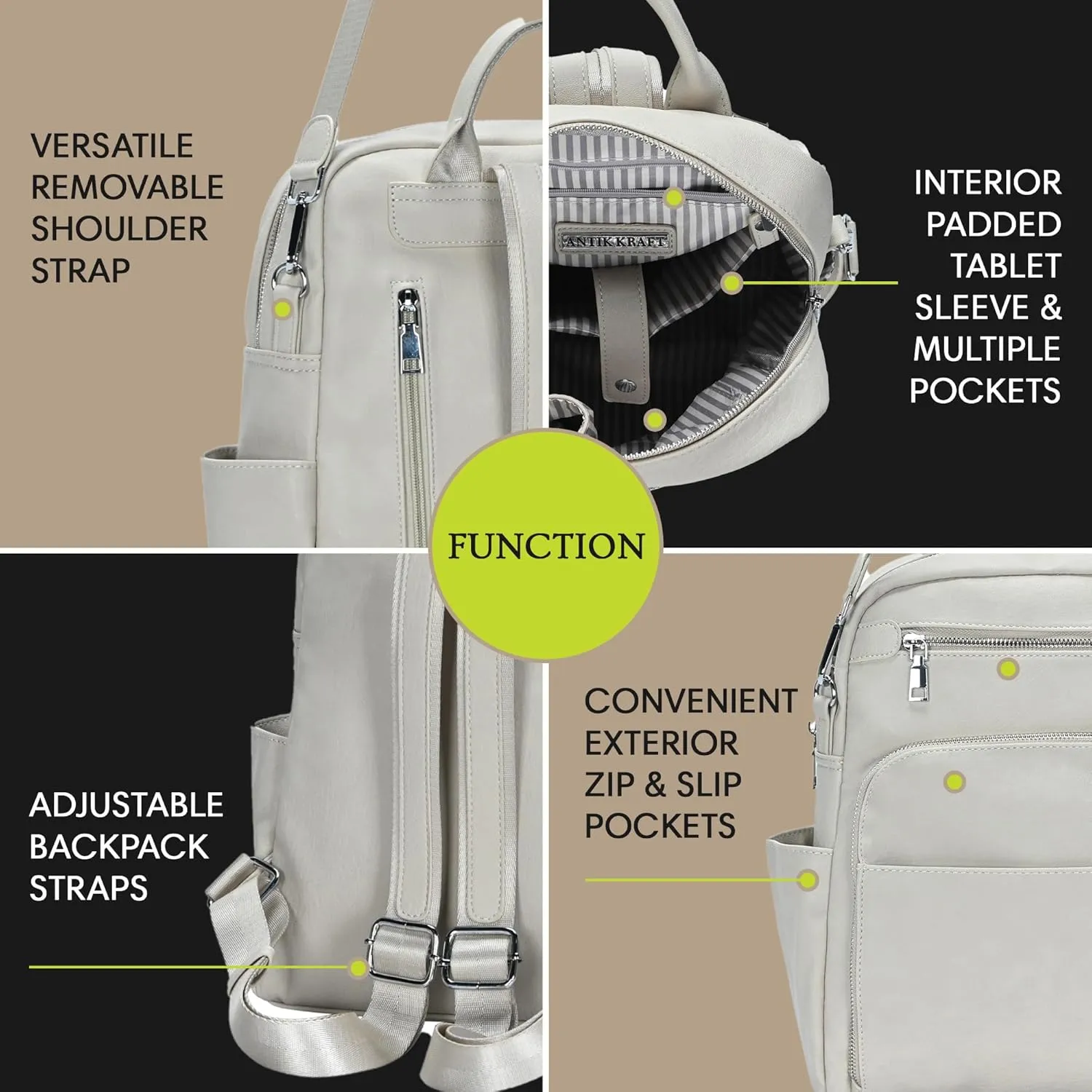 Antik Kraft Willa Vegan Leather Backpack (Bone) | Convertible Backpack Purse for Women | Vegan Leather Shoulder Bag | 13" L x 4" W x 14" H