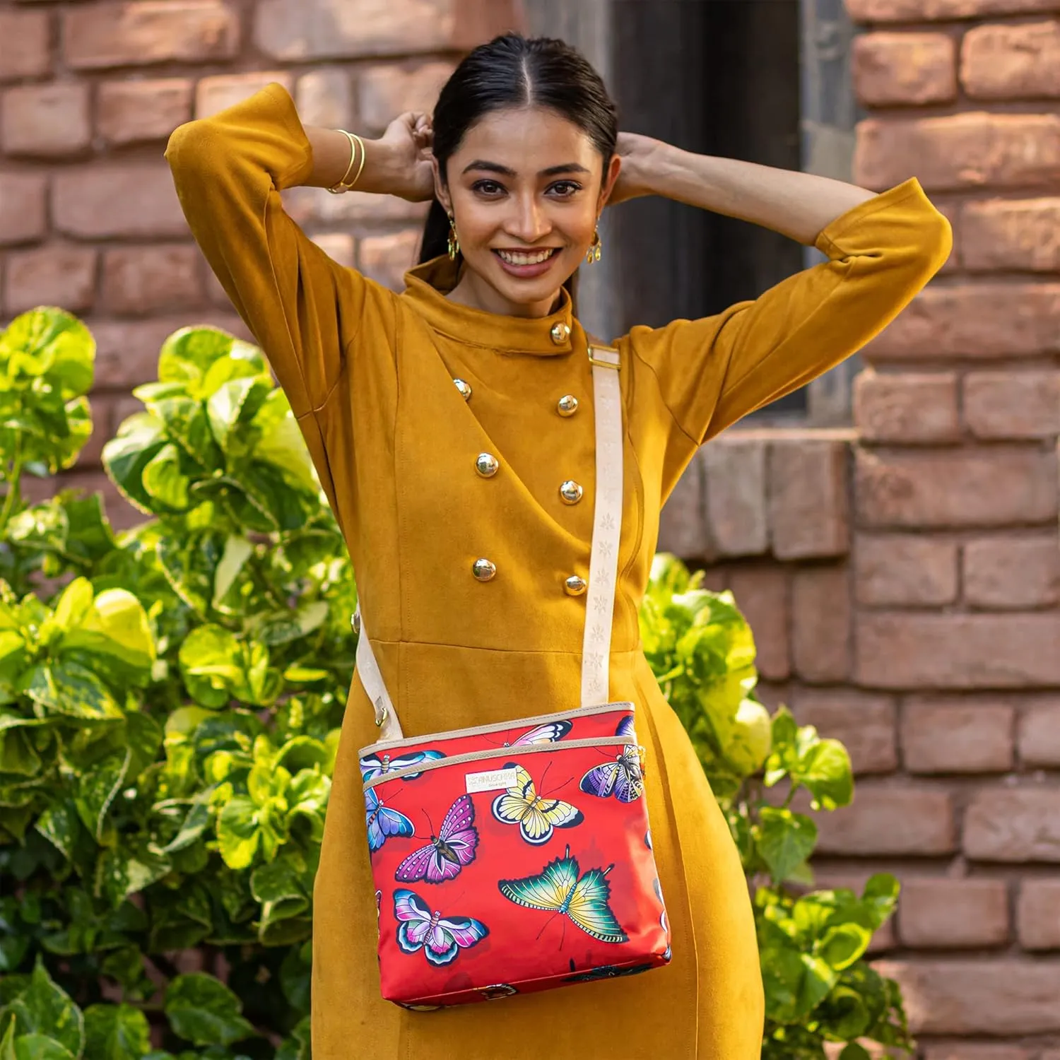 Anuschka Crossbody with Slip Pocket-Wanderlust Collection-Nylon Fabric with Leather Trim and Artwork Print