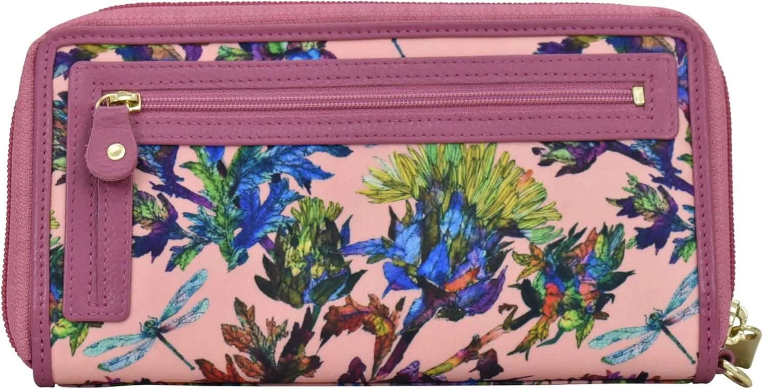 Anuschka RFID Blocking Wristlet Travel Wallet-Wanderlust Collection-Nylon Fabric with Leather Trim and Artwork Print
