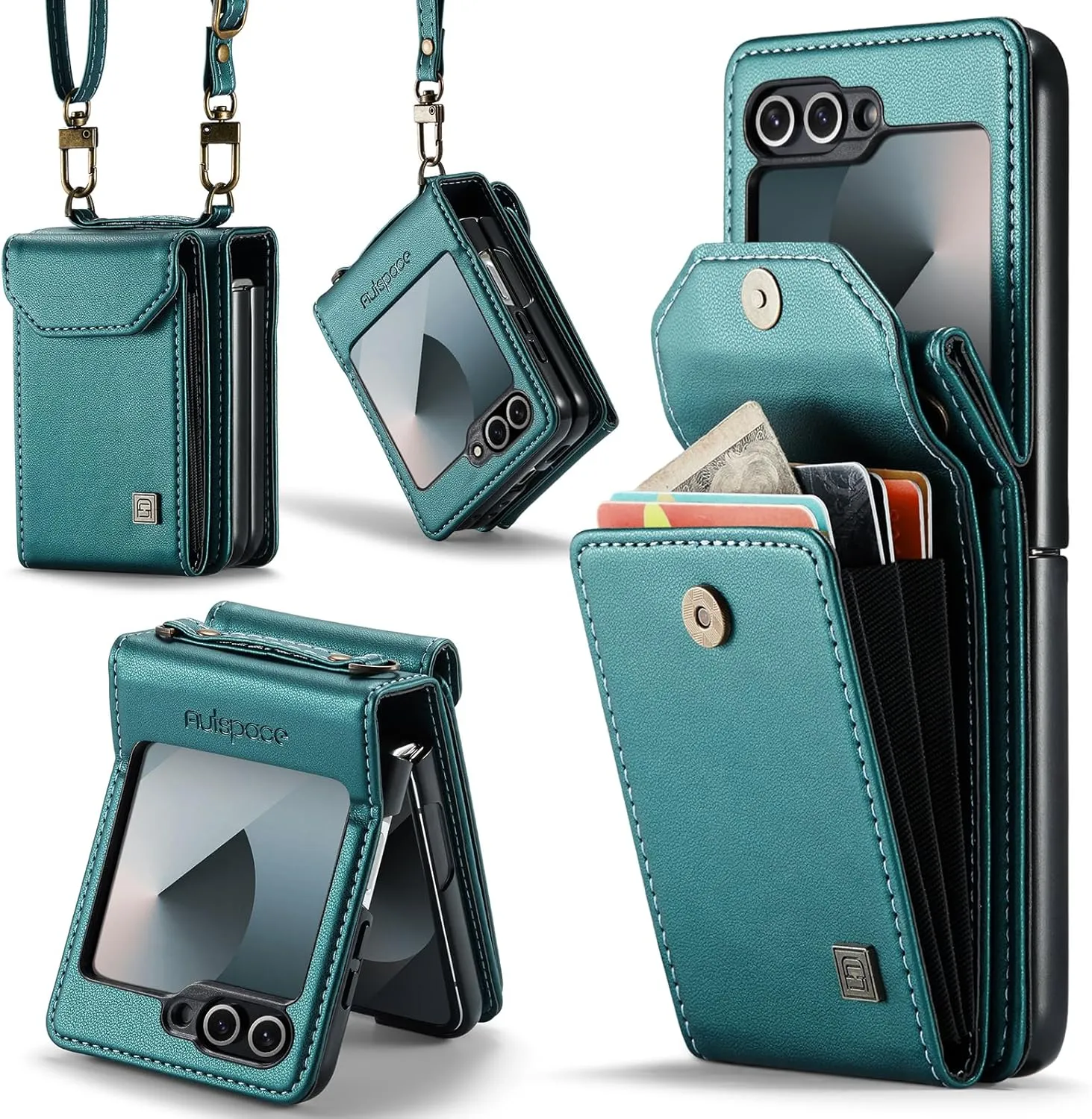 ASAPDOS Crossbody Case Compatible with Samsung Galaxy Z Flip 6,Retro PU Leather Strap Wristlet Flip Case with Magnetic Closure and Card Holder for Men Women Blue Green