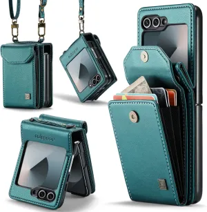 ASAPDOS Crossbody Case Compatible with Samsung Galaxy Z Flip 6,Retro PU Leather Strap Wristlet Flip Case with Magnetic Closure and Card Holder for Men Women Blue Green