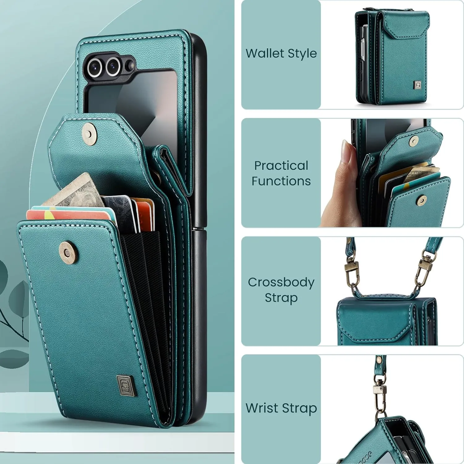 ASAPDOS Crossbody Case Compatible with Samsung Galaxy Z Flip 6,Retro PU Leather Strap Wristlet Flip Case with Magnetic Closure and Card Holder for Men Women Blue Green