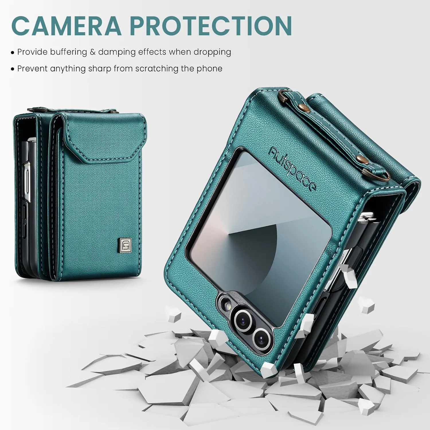 ASAPDOS Crossbody Case Compatible with Samsung Galaxy Z Flip 6,Retro PU Leather Strap Wristlet Flip Case with Magnetic Closure and Card Holder for Men Women Blue Green