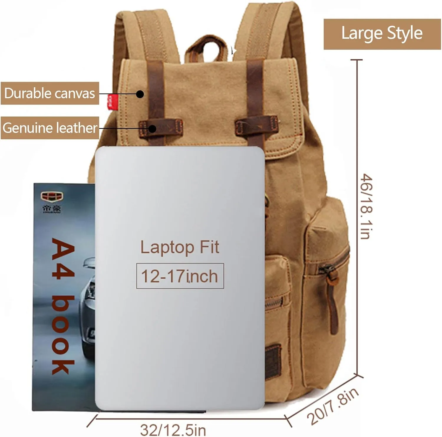 AUGUR High Capacity Canvas Vintage Backpack - for Hiking Travel 12-15.6" Laptop Backapcks for Men Casual Daypacks Rucksack(L-Khaki)
