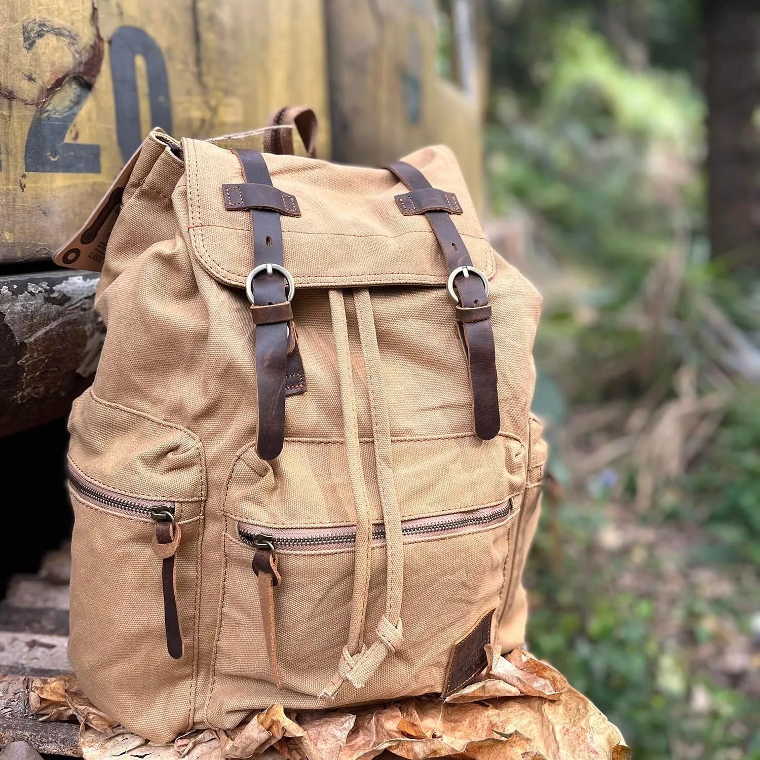 AUGUR High Capacity Canvas Vintage Backpack - for Hiking Travel 12-15.6" Laptop Backapcks for Men Casual Daypacks Rucksack(L-Khaki)