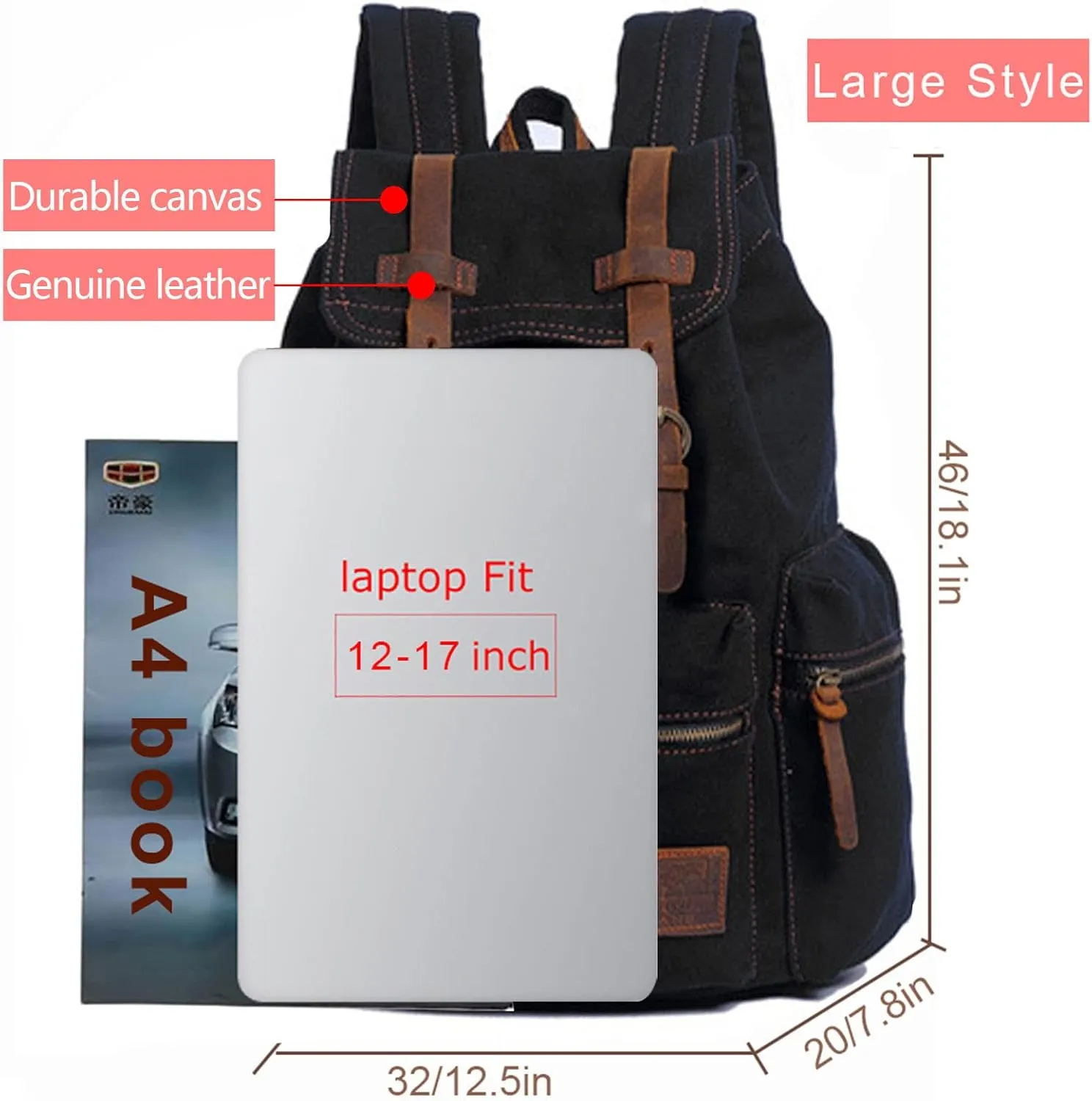 AUGUR High Capacity Canvas Vintage Backpack - for School Travel 12-15.6" Laptop Backapcks for Men Casual Daypacks Rucksack (L-Black)