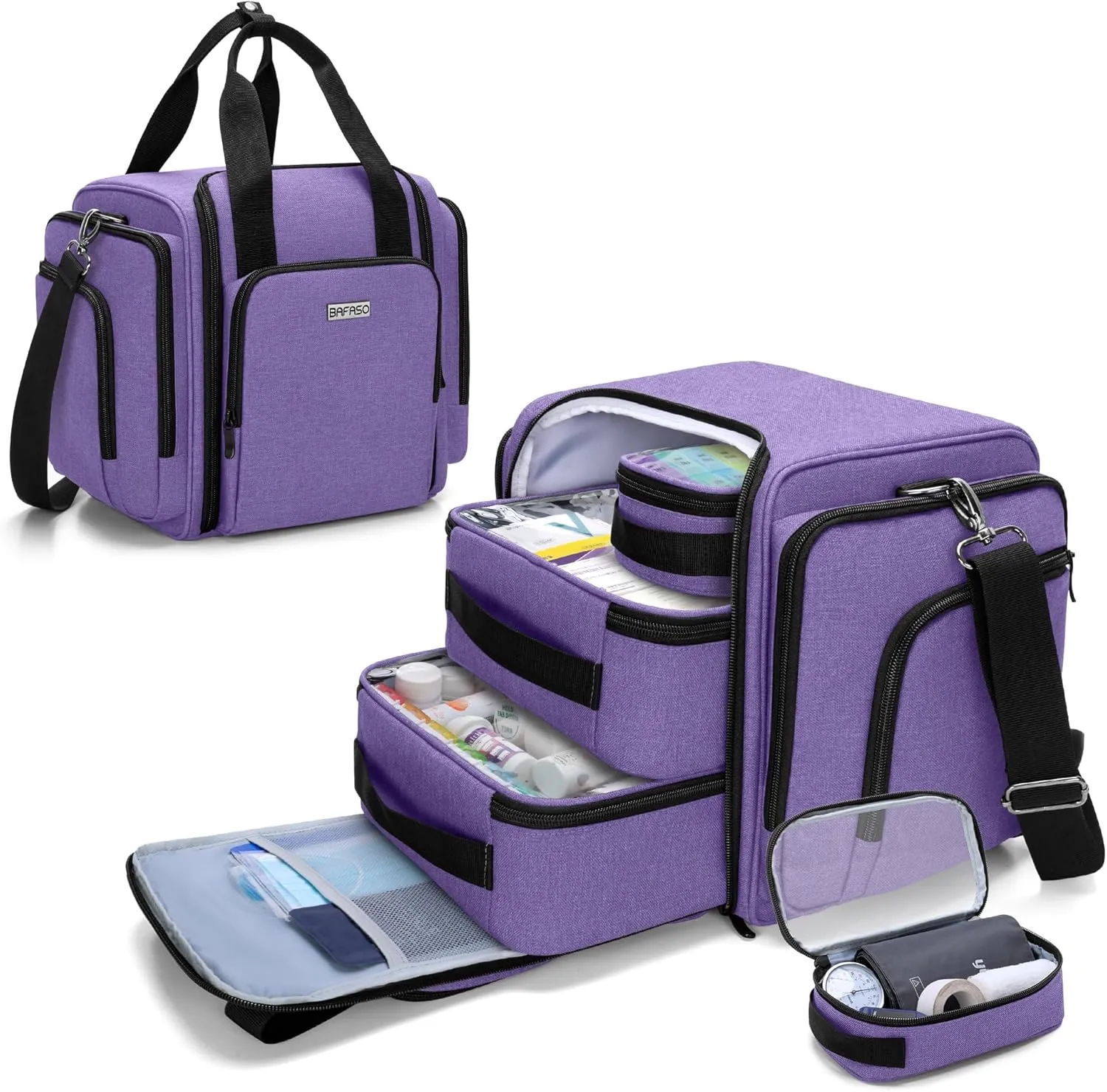 BAFASO Large Pill Bottle Organizer with 4 Inner Removable Pouches, Family First Aid Bag Medicine Bag Come with Shoulder Strap (BAG ONLY),Purple