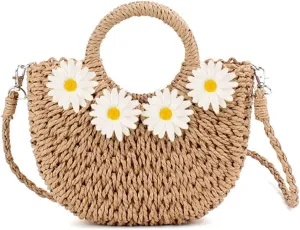 Beach Bag for Women, Mini Straw Bag Handmade Crossbody Bag, Daisy Embellished Handbag, Boho Retro Straw Tote Bag, Woven Bag Suitable for Vacation Travel Work (4 Flowers Khaki)
