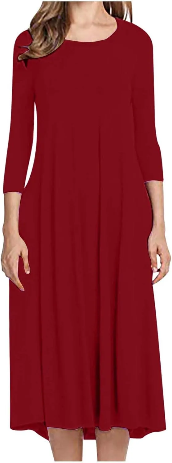 Beach Dresses for Women Long Sleeve Plain Crewneck Ruffle Maxi Dress Causal Fashion Fall Work Comfortable Sundress