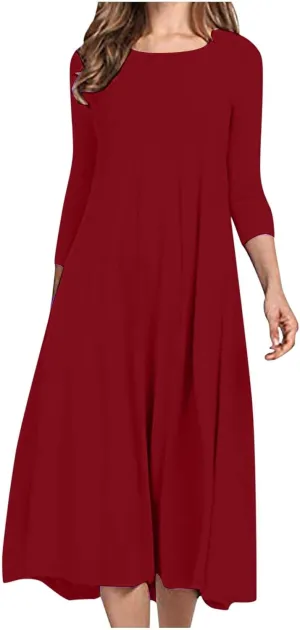 Beach Dresses for Women Long Sleeve Plain Crewneck Ruffle Maxi Dress Causal Fashion Fall Work Comfortable Sundress