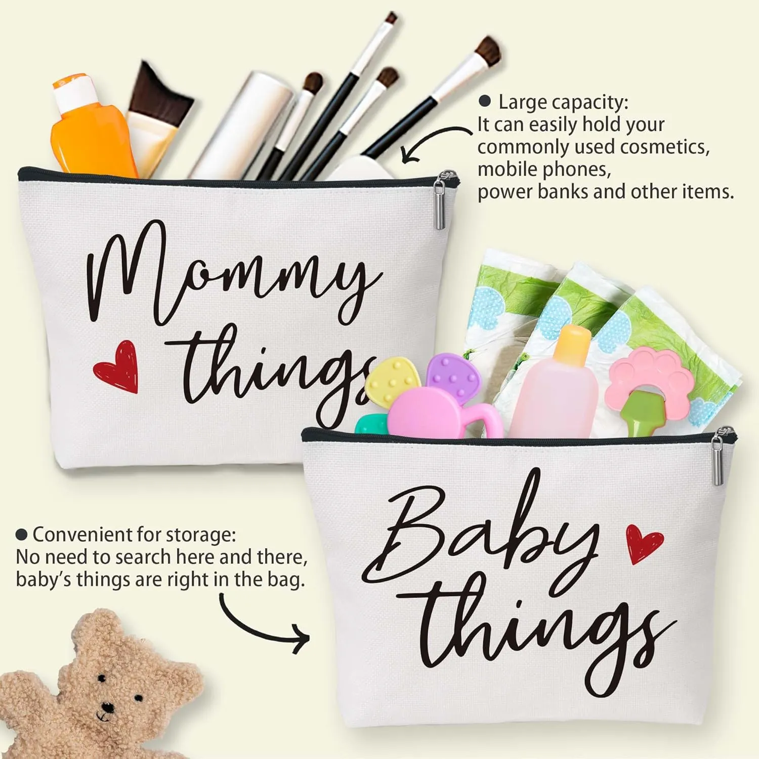 Best Expecting Mom Gifts,Mommy And Baby Canvas Pouch Set,New Mother Keepsake For New Mothers And Expecting Moms,Modern Neutral Cosmetic And Accessory Bags,Matching Travel Cases,Set of 2
