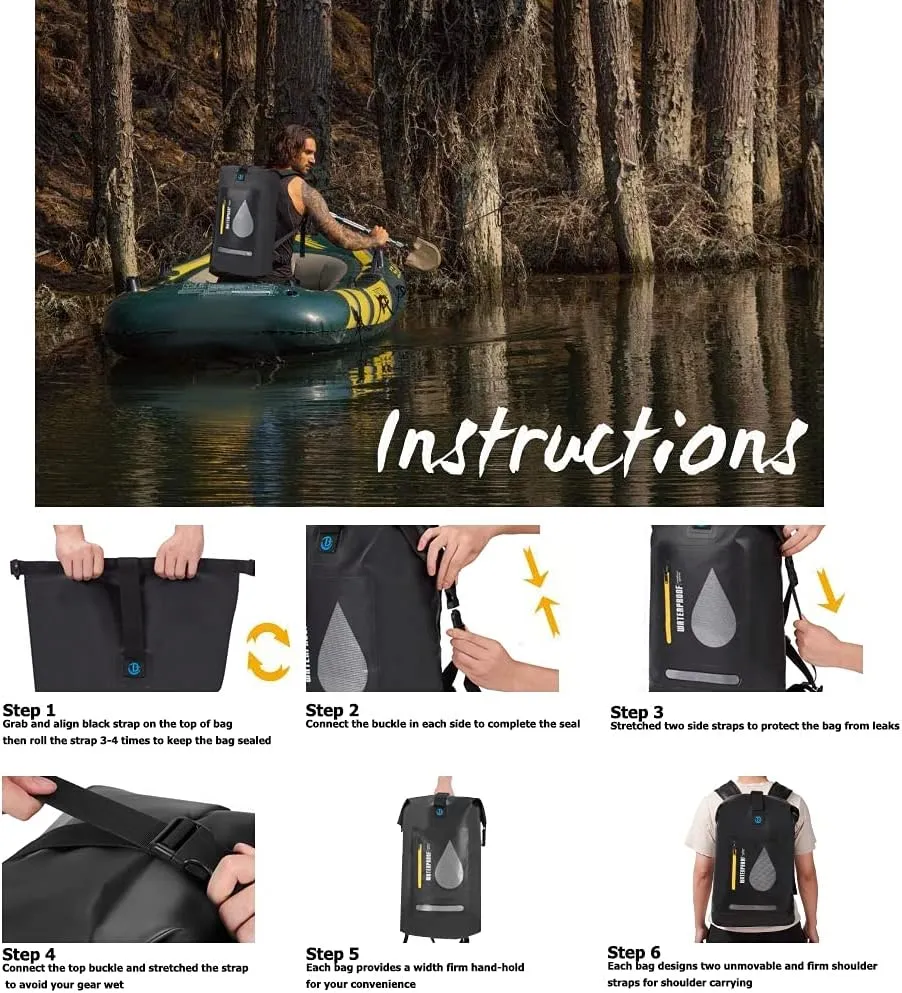 Blueshyhall 20L Waterproof Dry Backpack, Outdoor Travel Roll Top Closure Water Repellent Duffle Storage Sack for Kayaking Rafting Boating Fishing Camping and Beach - Black
